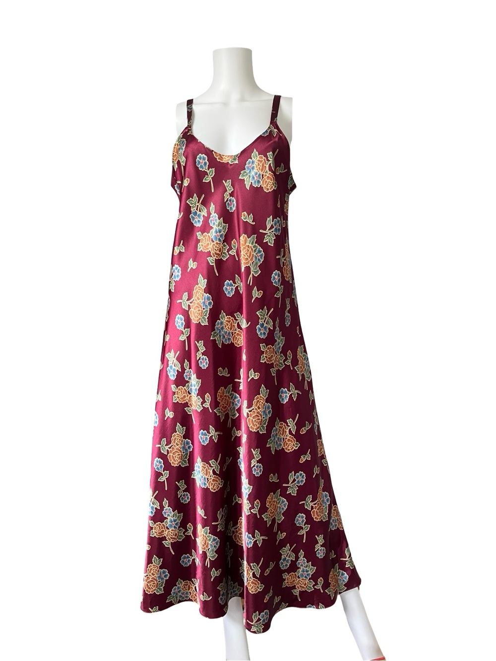 Vintage Go Softly Maxi Slip Dress Satin Floral Jewel Tone Womens Size Large